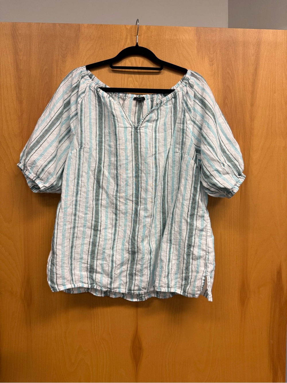 Talbots Teal and White Striped Off-Shoulder Puff Sleeve Blouse
